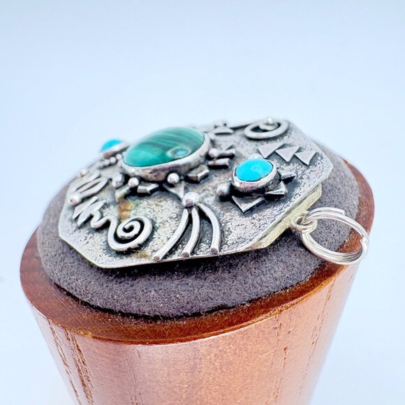 Sterling Silver 925 Malachite & Turquoise Native American Pendant 1.75" Length - Picture 3 of 9